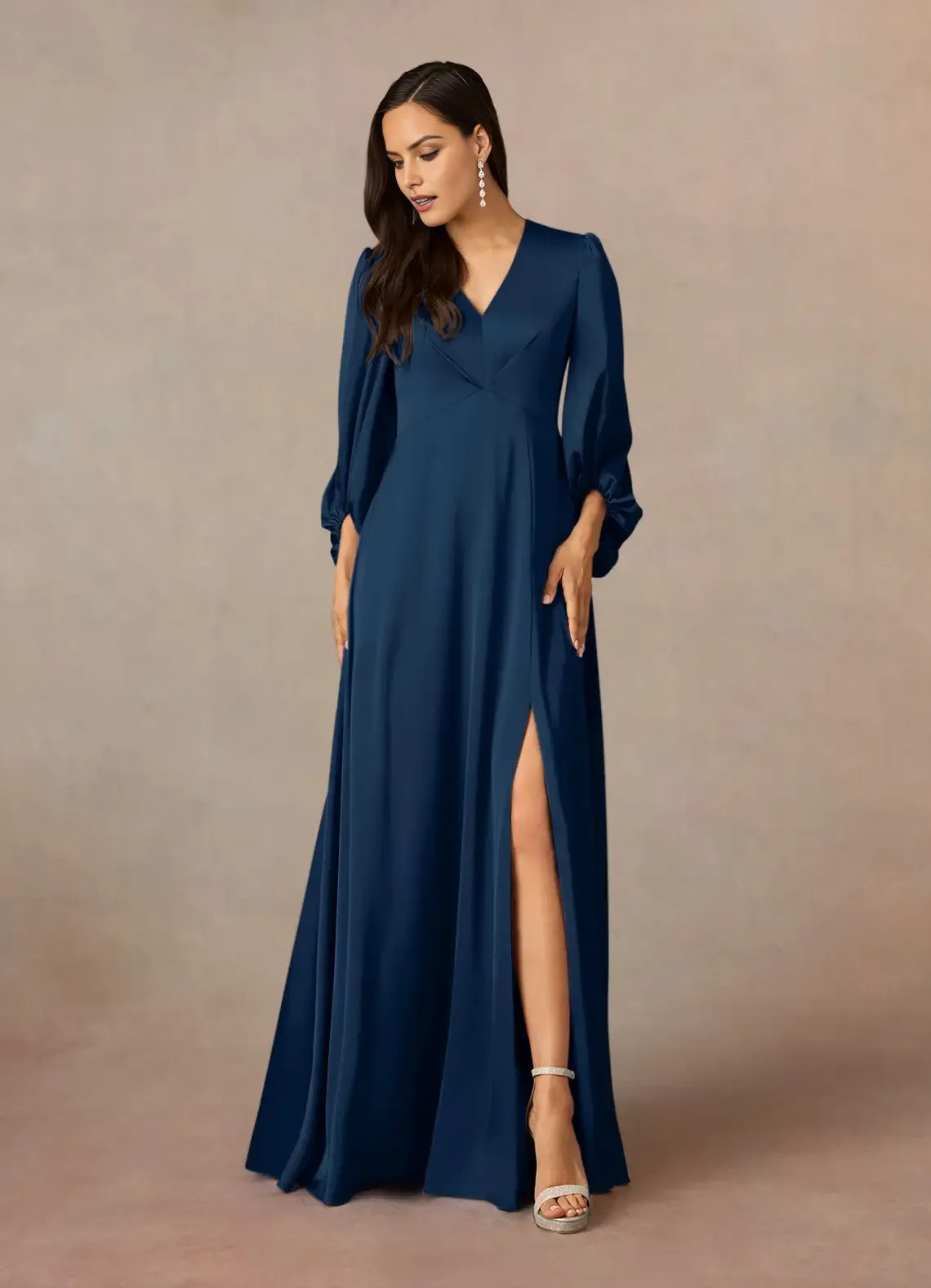 Elegant A-Line V-Neck Long Sleeves Back Zip Floor-Length Side Leg Slit Formal Mother of the Bride Dress