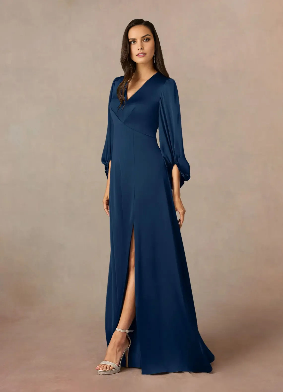 Elegant A-Line V-Neck Long Sleeves Back Zip Floor-Length Side Leg Slit Formal Mother of the Bride Dress