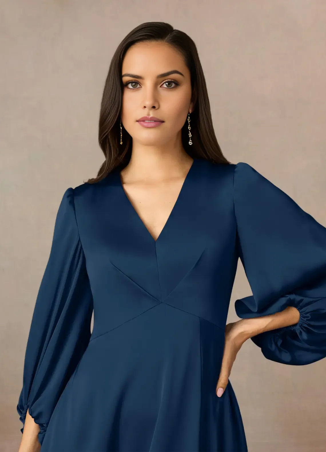 Elegant A-Line V-Neck Long Sleeves Back Zip Floor-Length Side Leg Slit Formal Mother of the Bride Dress