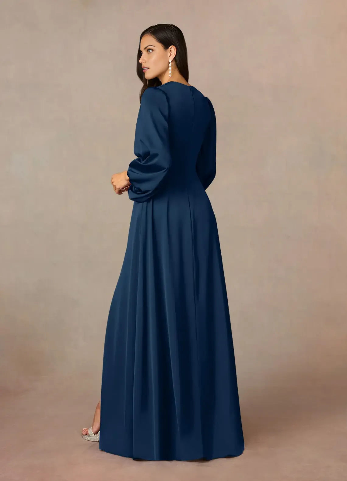 Elegant A-Line V-Neck Long Sleeves Back Zip Floor-Length Side Leg Slit Formal Mother of the Bride Dress