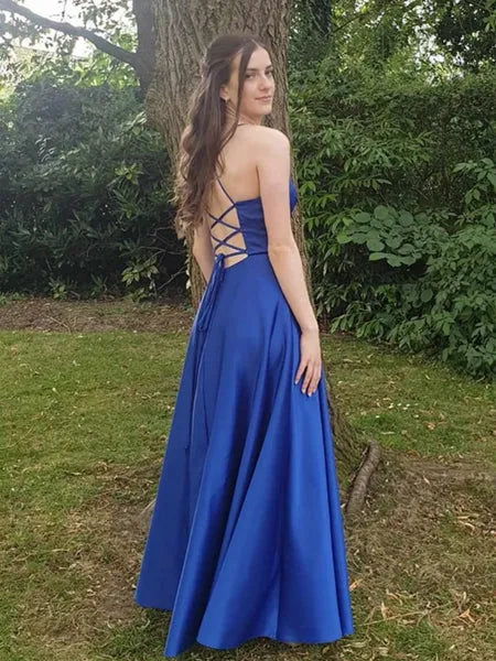 Elegant A-Line V-Neck Ruched Lace-Up Satin Royal Blue Long Prom Dress