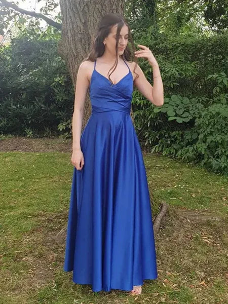 Elegant A-Line V-Neck Ruched Lace-Up Satin Royal Blue Long Prom Dress
