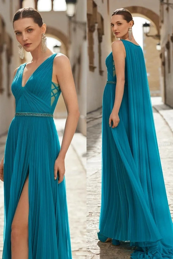 Elegant A-Line V-Neck Sleeveless Beaded Teal Maxi Evening Dress