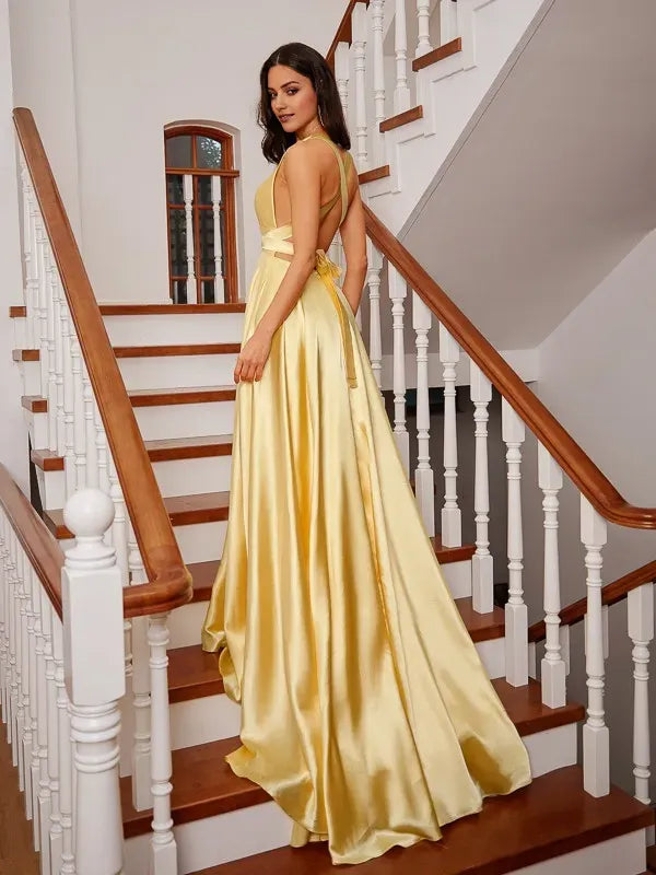 Elegant A-Line V-Neck Sleeveless Lace Up Floor-Length Yellow Satin Ruffles Prom Dresses with High Sli ﻿