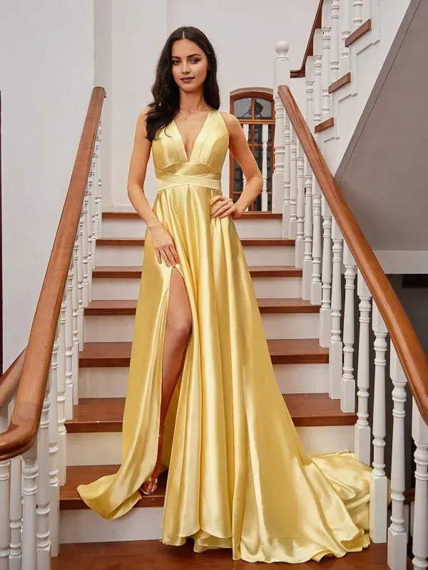 Elegant A-Line V-Neck Sleeveless Lace Up Floor-Length Yellow Satin Ruffles Prom Dresses with High Sli ﻿
