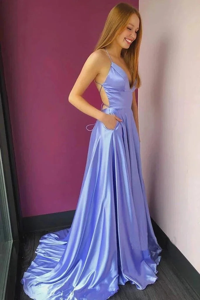 Elegant A-Line V-Neck Spaghetti Strap Lavender Maxi Prom Dress