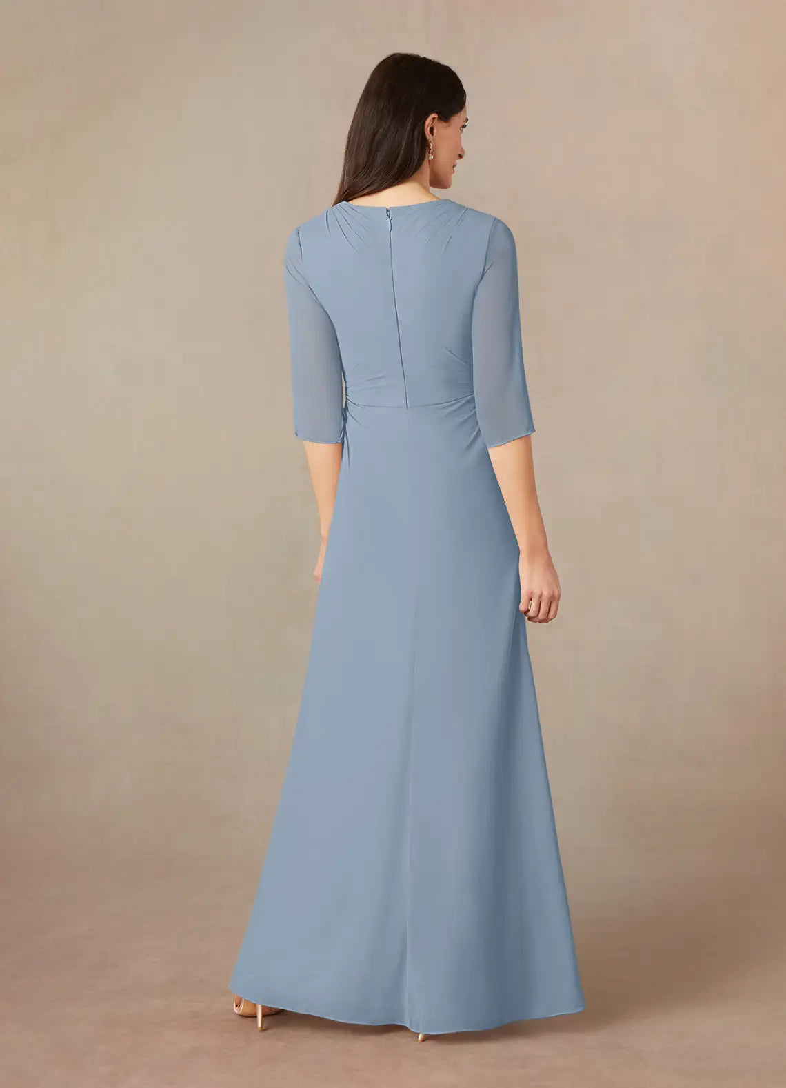 Elegant A-Line V-Neck Three-Quarter Sleeve Zip-Back Floor-Length Mother of the Bride Dress ﻿