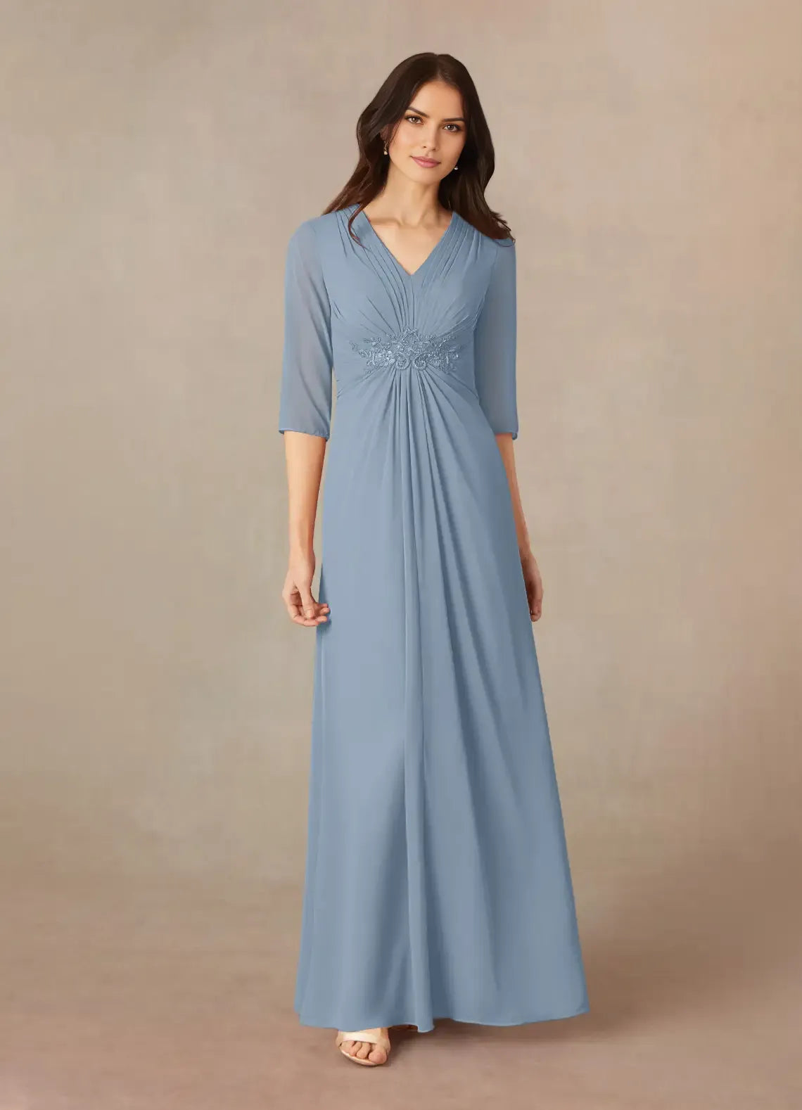 Elegant A-Line V-Neck Three-Quarter Sleeve Zip-Back Floor-Length Mother of the Bride Dress ﻿
