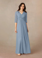 Elegant A-Line V-Neck Three-Quarter Sleeve Zip-Back Floor-Length Mother of the Bride Dress ﻿
