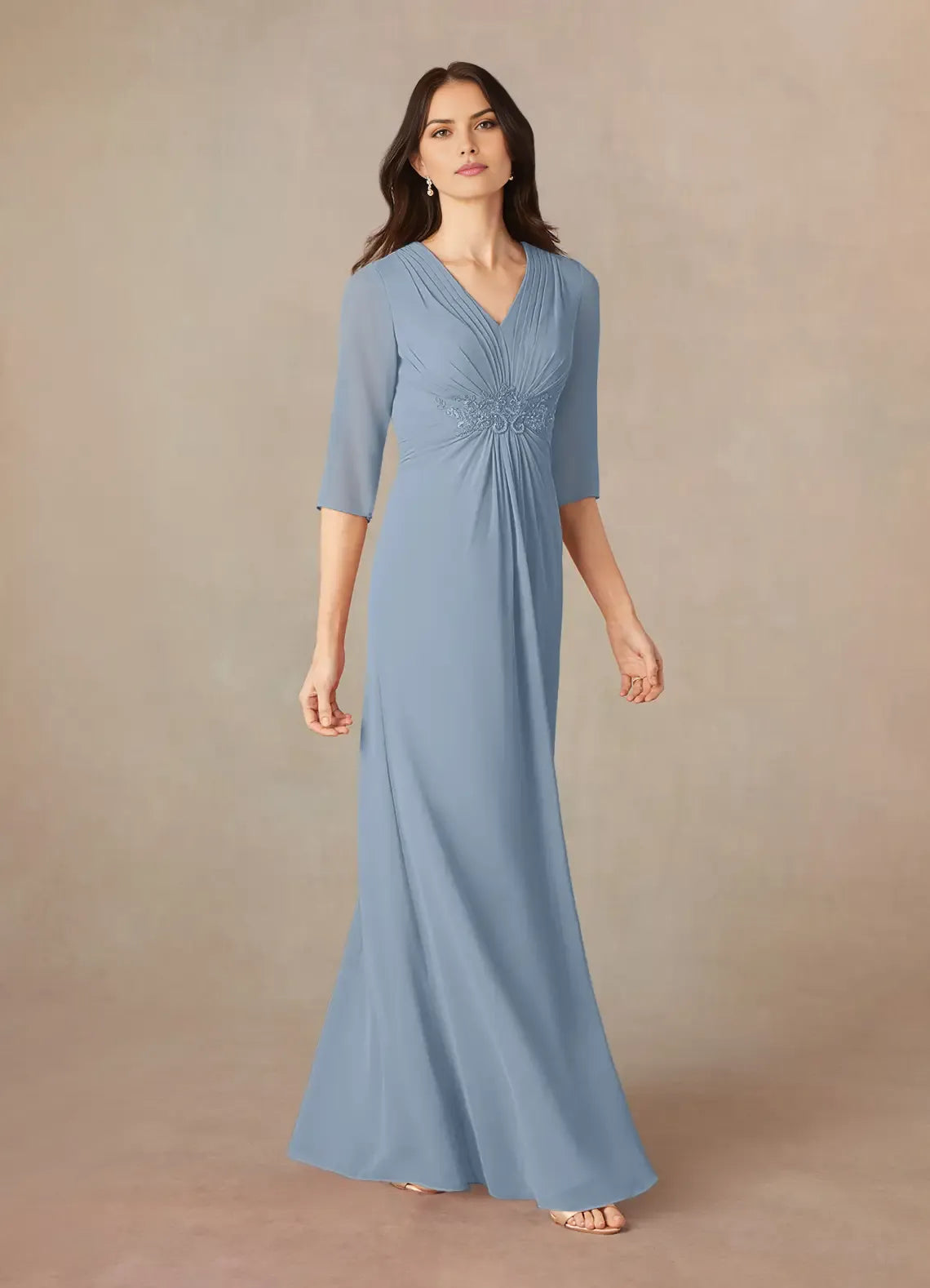 Elegant A-Line V-Neck Three-Quarter Sleeve Zip-Back Floor-Length Mother of the Bride Dress ﻿