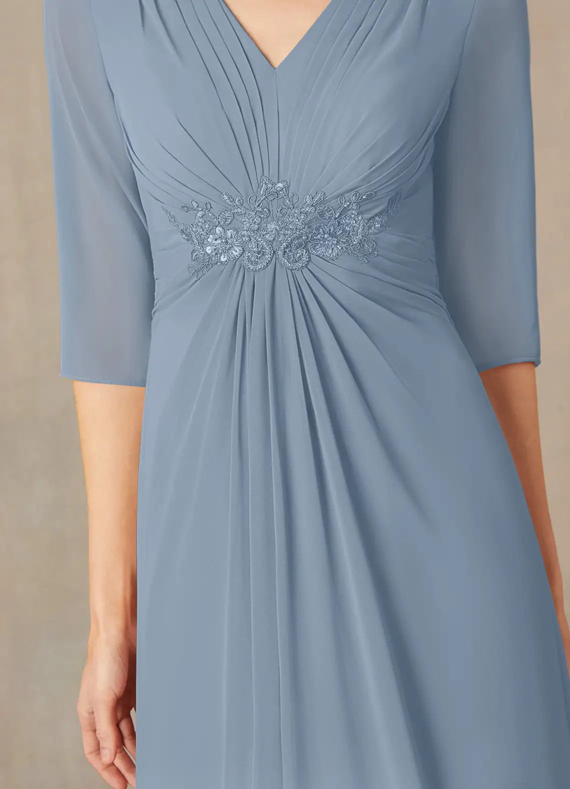 Elegant A-Line V-Neck Three-Quarter Sleeve Zip-Back Floor-Length Mother of the Bride Dress ﻿