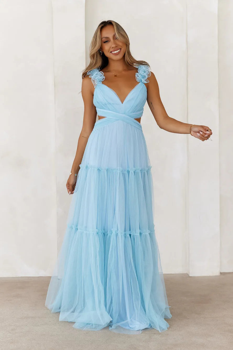 Elegant  A-Line V-neck Sleeveless Cutout waist Tiered Tulle Floor-Length Prom Dresses Hot Sale