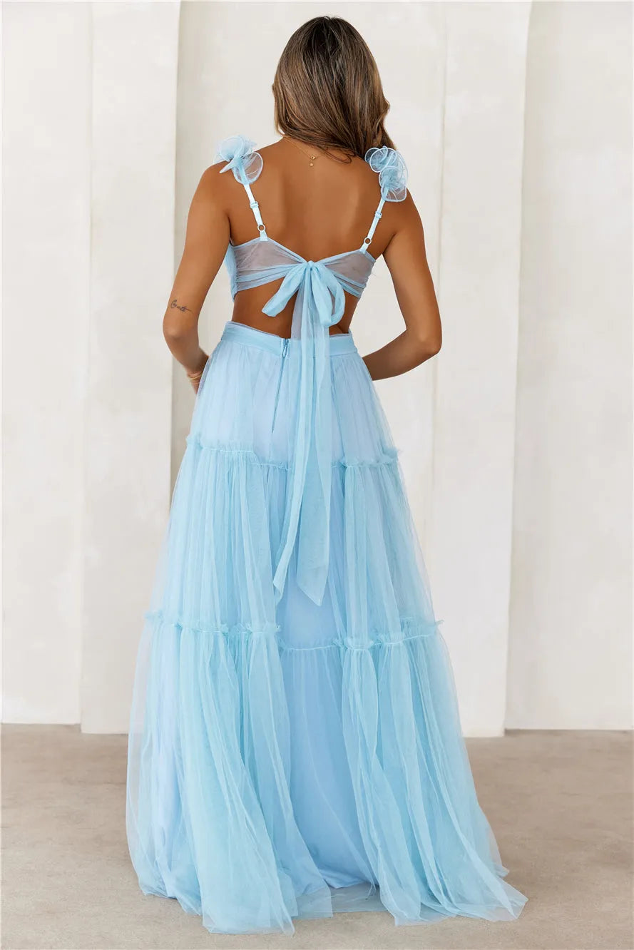 Elegant  A-Line V-neck Sleeveless Cutout waist Tiered Tulle Floor-Length Prom Dresses Hot Sale