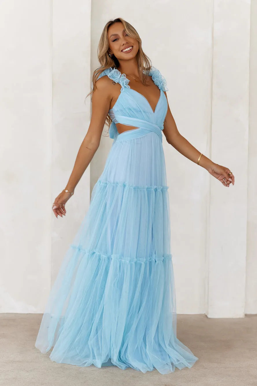 Elegant  A-Line V-neck Sleeveless Cutout waist Tiered Tulle Floor-Length Prom Dresses Hot Sale