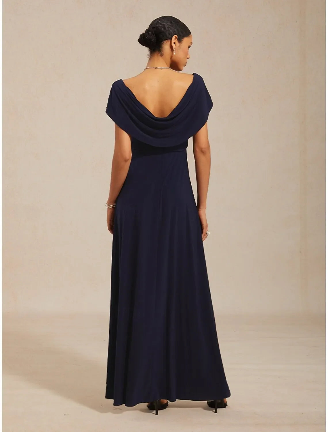 Elegant A-line Cowl Neck Cap-sleeve Ruched Navy Blue Maxi Prom Dress for Women Ready to Ship