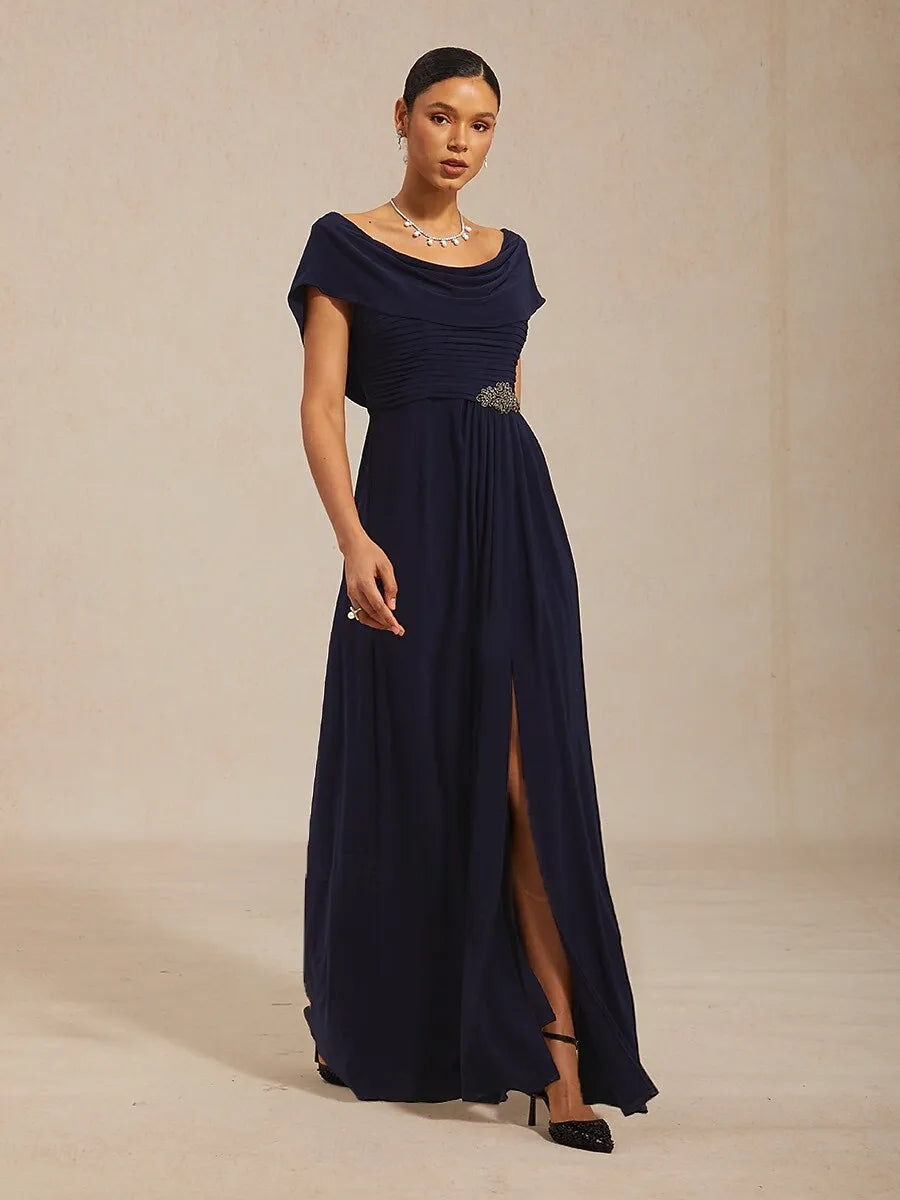 Elegant A-line Cowl Neck Cap-sleeve Ruched Navy Blue Maxi Prom Dress for Women Ready to Ship