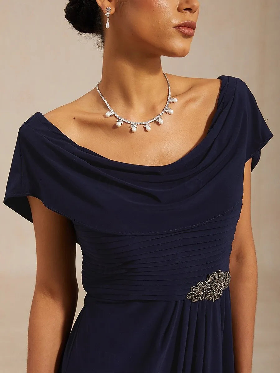 Elegant A-line Cowl Neck Cap-sleeve Ruched Navy Blue Maxi Prom Dress for Women Ready to Ship