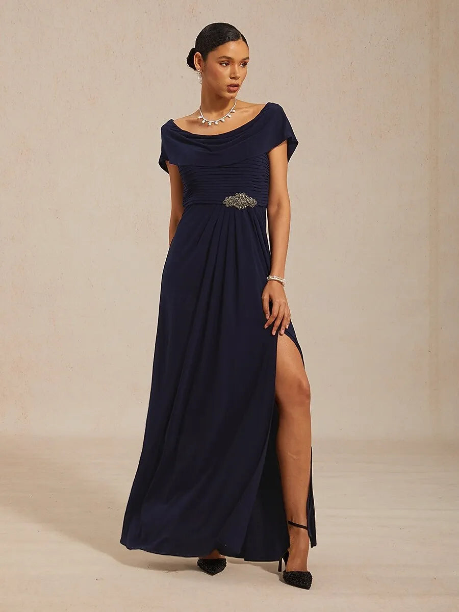 Elegant A-line Cowl Neck Cap-sleeve Ruched Navy Blue Maxi Prom Dress for Women Ready to Ship