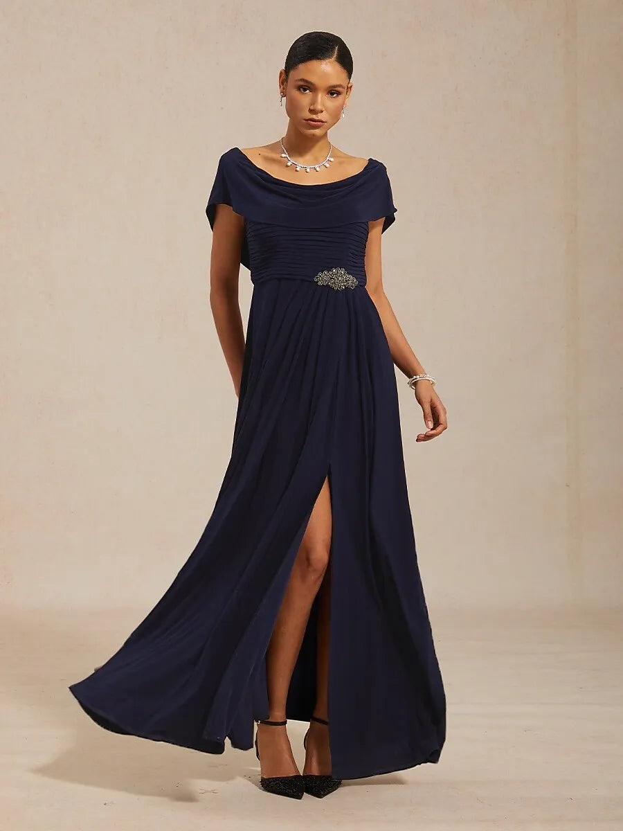 Elegant A-line Cowl Neck Cap-sleeve Ruched Navy Blue Maxi Prom Dress for Women Ready to Ship