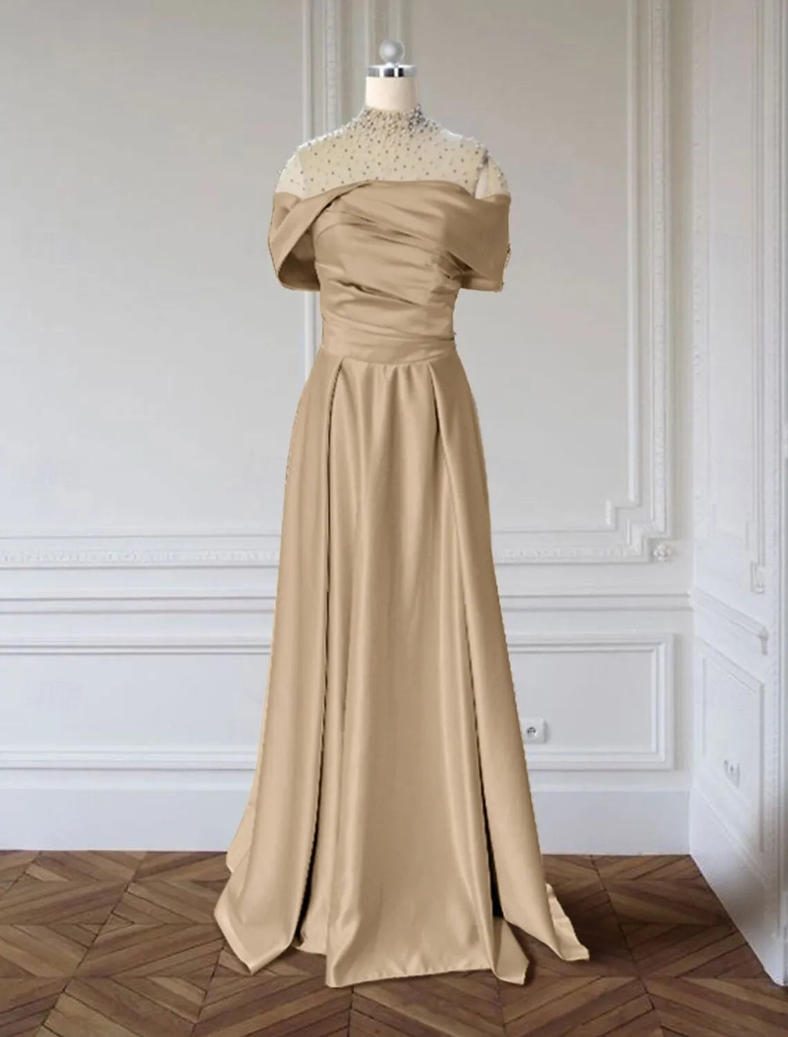 Elegant A-line Off-Shoulder Beaded Champagne Floor-Length Evening Dress For Women Ready To Ship