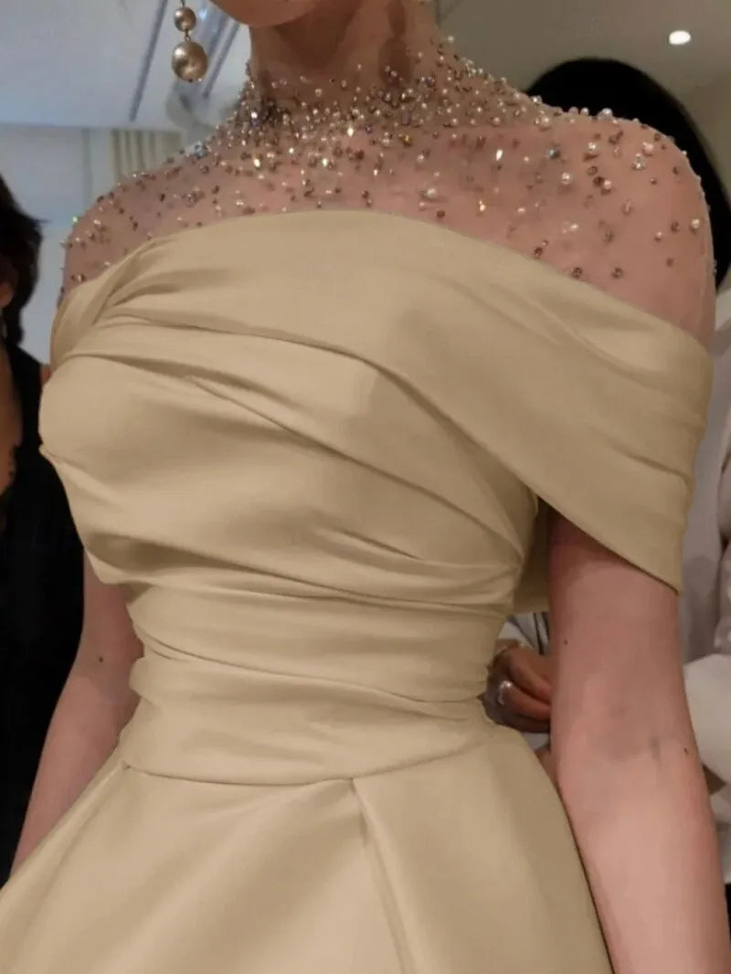Elegant A-line Off-Shoulder Beaded Champagne Floor-Length Evening Dress For Women Ready To Ship