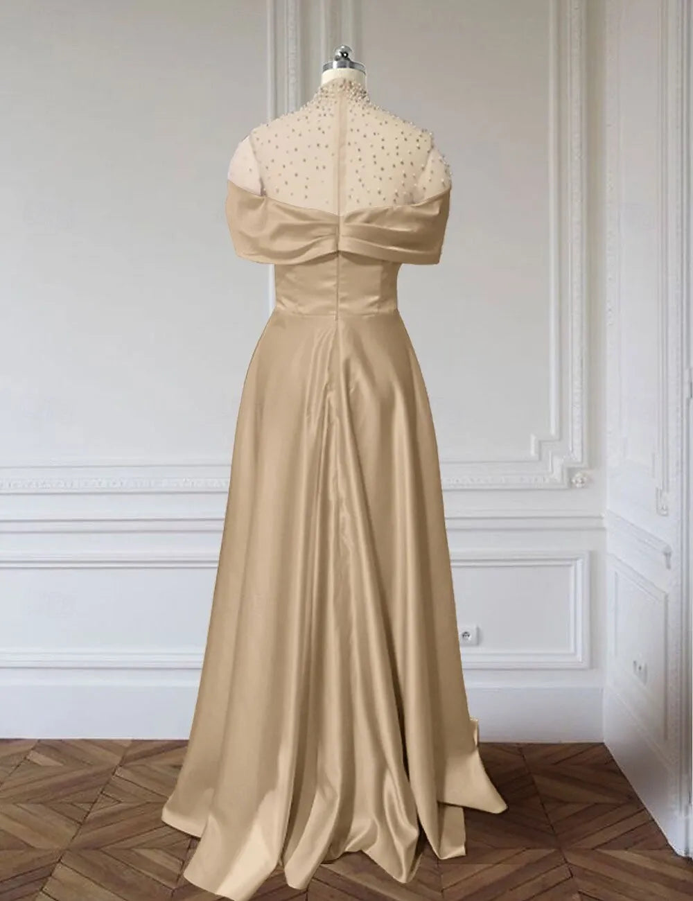 Elegant A-line Off-Shoulder Beaded Champagne Floor-Length Evening Dress For Women Ready To Ship