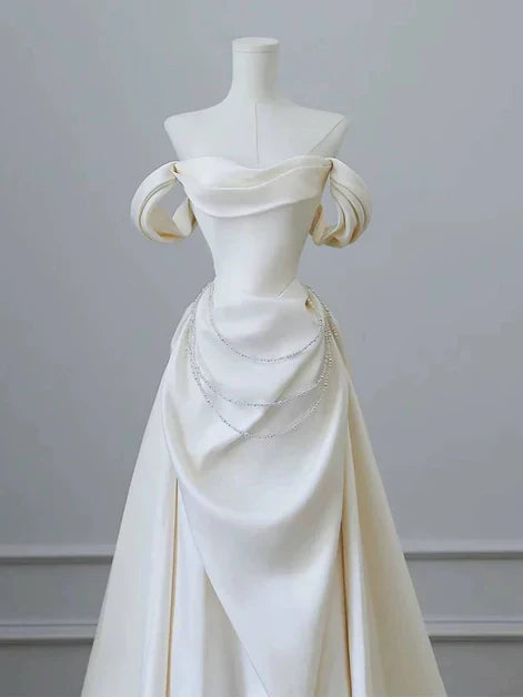 Elegant A-line Off-the-Shoulder Satin Ivory Long Prom Dress With Beaded