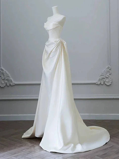 Elegant A-line Off-the-Shoulder Satin Ivory Long Prom Dress With Beaded
