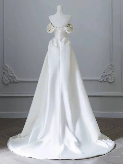 Elegant A-line Off-the-Shoulder Satin Ivory Long Prom Dress With Beaded