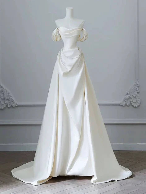 Elegant A-line Off-the-Shoulder Satin Ivory Long Prom Dress With Beaded