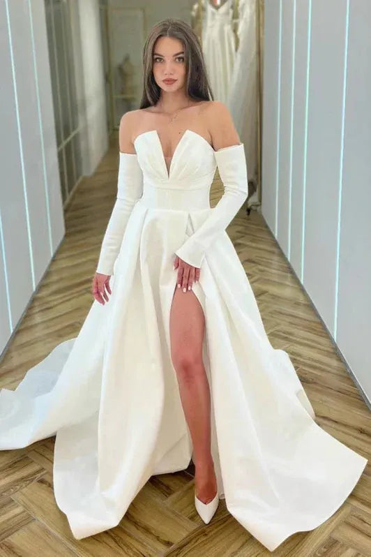 Elegant A-line Off-the-shoulder Long-sleeve Ruched White Floor-length Prom Dress for Women Ready to Ship