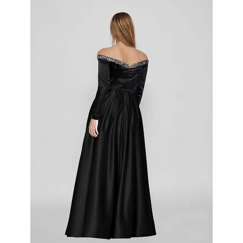 Elegant A-line Off-the-shoulder Long-sleeved Pearl Black Maxi Prom Dress for Women Custom