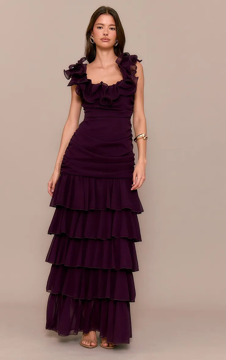Elegant A-line Square Neck Sleeveless Back Zip Ruched Tiered Chiffon Floor-Length Prom Dresses