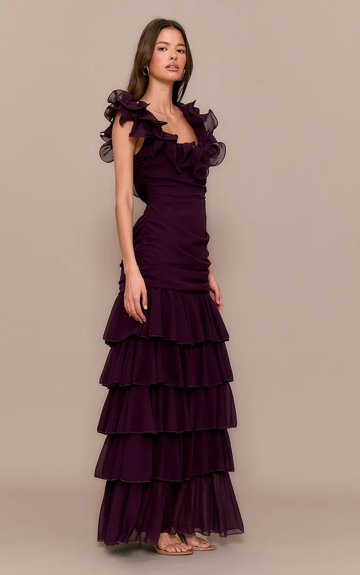 Elegant A-line Square Neck Sleeveless Back Zip Ruched Tiered Chiffon Floor-Length Prom Dresses