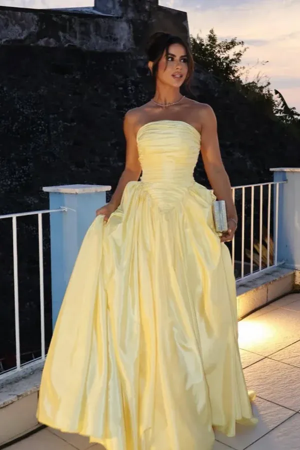 Elegant A-line Strapless Ruched Pale Yellow Floor Length Prom Dress For Women