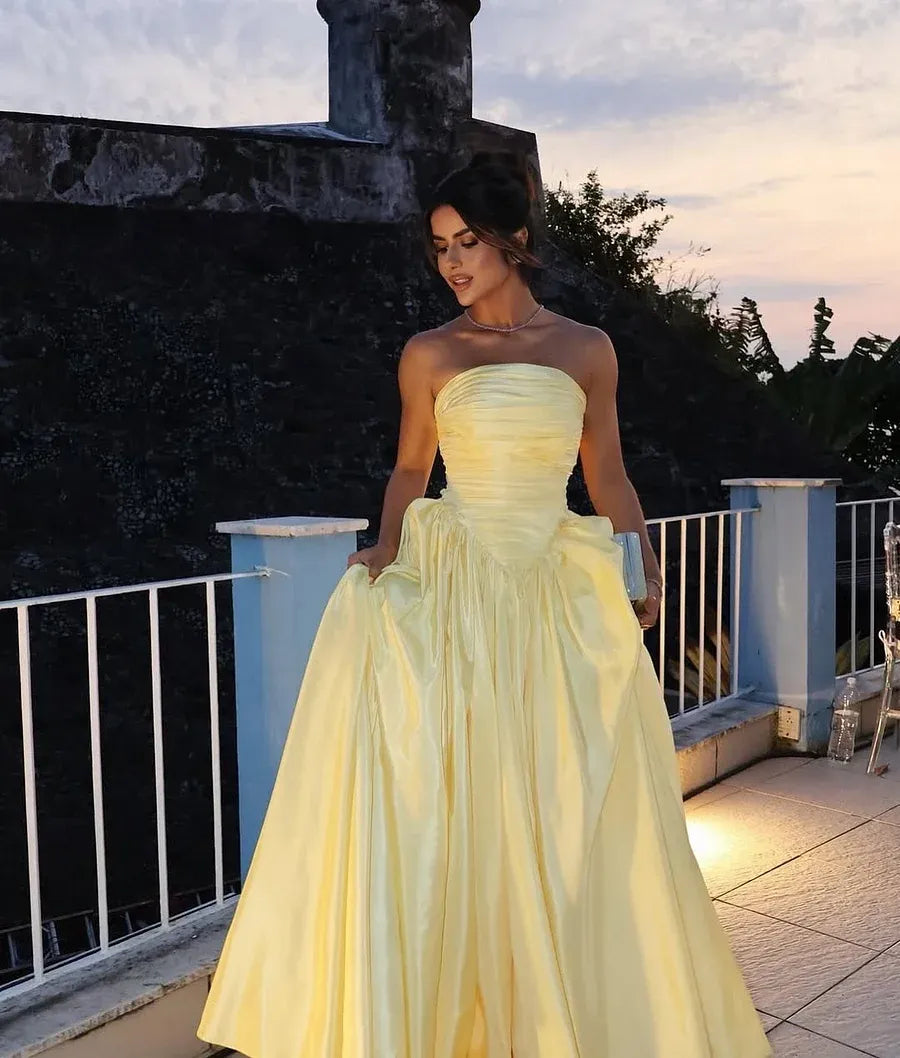 Elegant A-line Strapless Ruched Pale Yellow Floor Length Prom Dress For Women