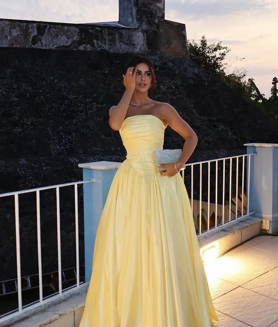Elegant A-line Strapless Ruched Pale Yellow Floor Length Prom Dress For Women