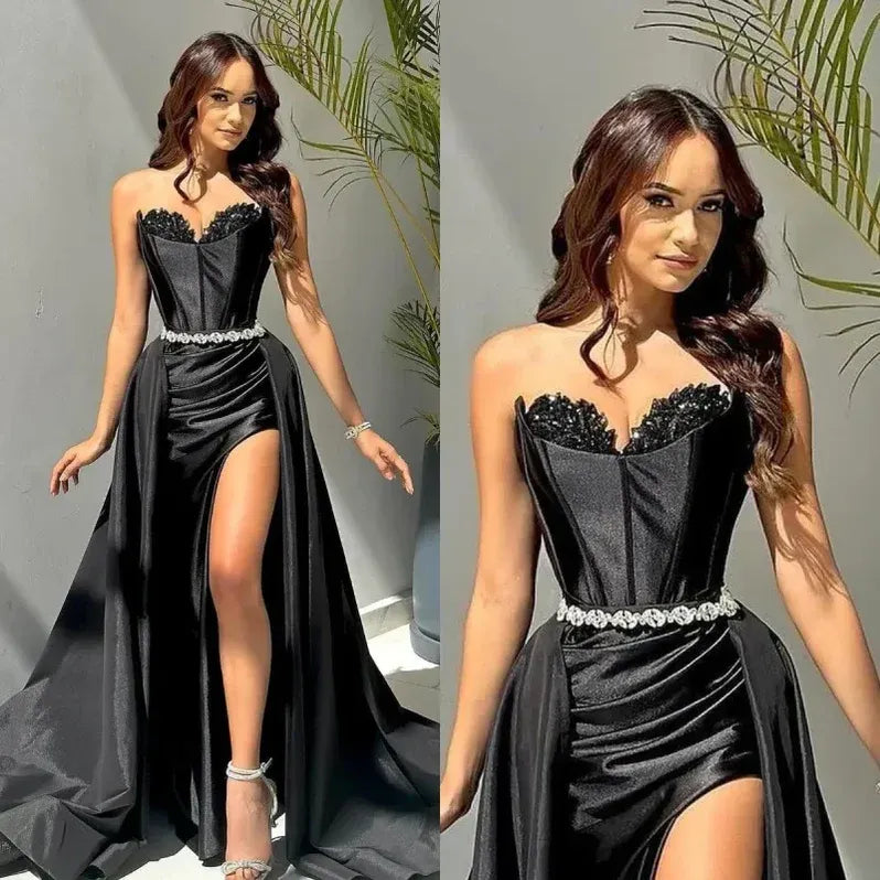 Elegant A-line Sweetheart Sleeveless Beaded Black Floor-length Prom Dress for Women Ready to Ship