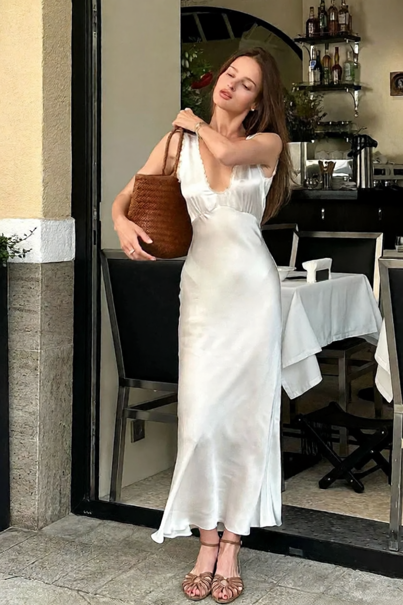 Elegant A-line V-Neck Sleeveless Lace Satin Tie-Back V back Tea-Length Prom Dresses Hot sale