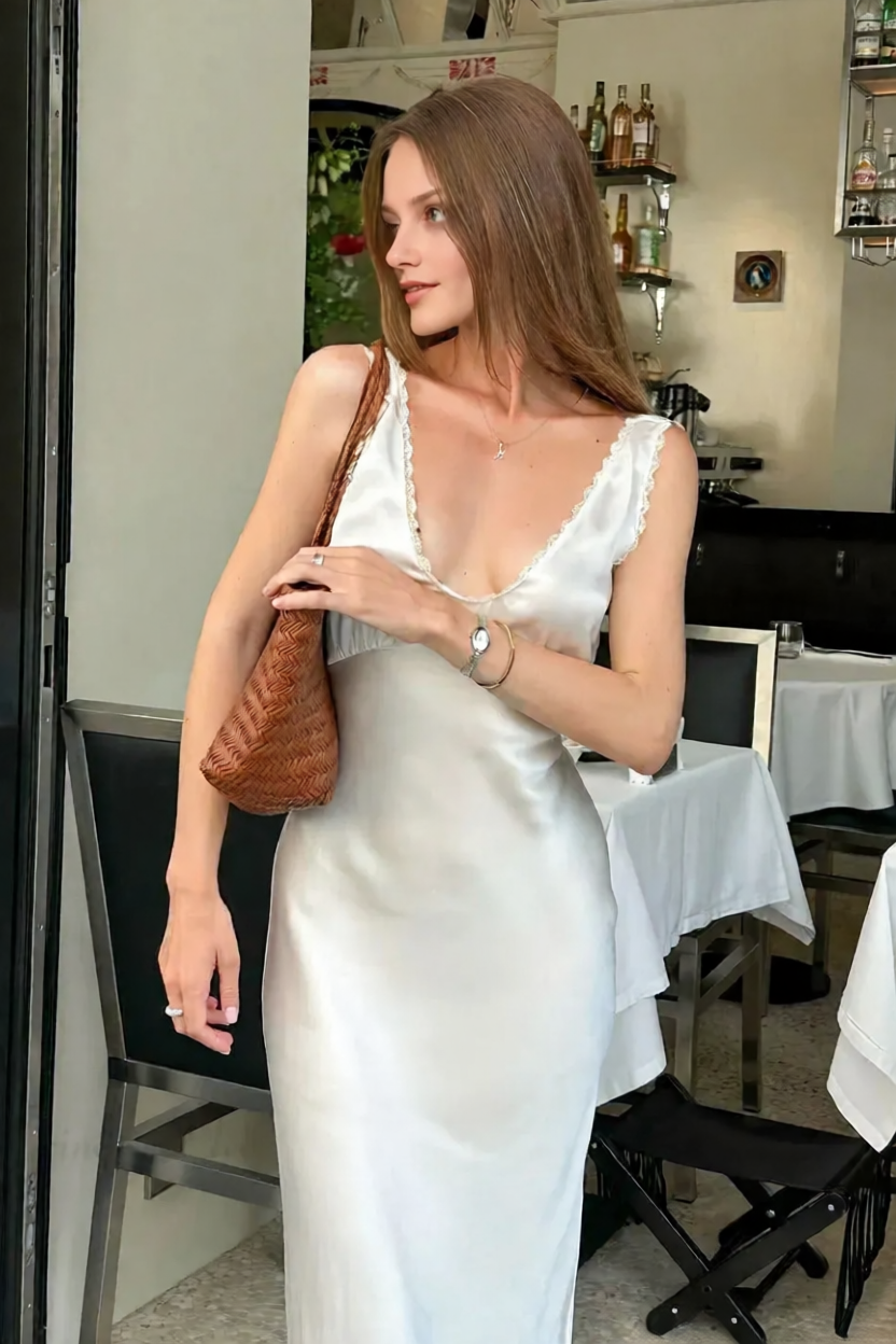 Elegant A-line V-Neck Sleeveless Lace Satin Tie-Back V back Tea-Length Prom Dresses Hot sale