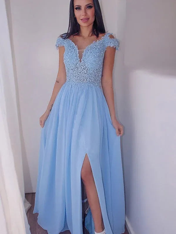 Elegant A-line V-neck Applique Lace Sky Blue Maxi Prom Dress With Slit