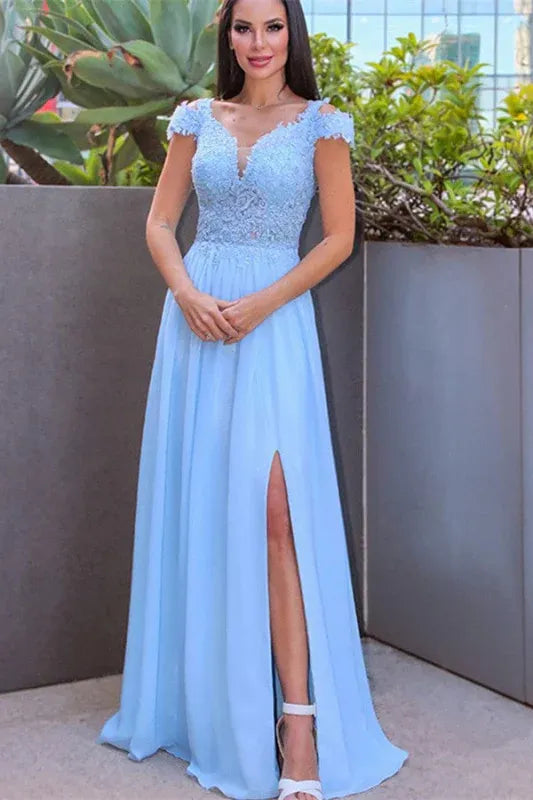 Elegant A-line V-neck Applique Lace Sky Blue Maxi Prom Dress With Slit