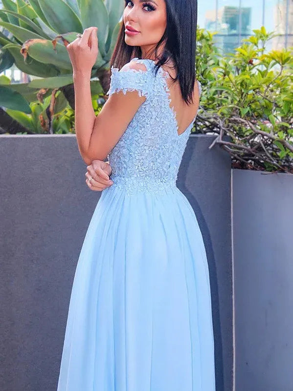 Elegant A-line V-neck Applique Lace Sky Blue Maxi Prom Dress With Slit