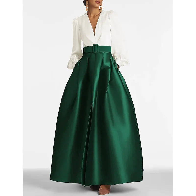 Elegant A-line V-neck Long-sleeved Two-tone White Emerald Green Maxi Evening Dress for Women Ready to Ship