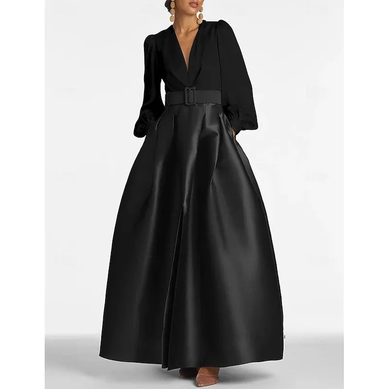 Elegant A-line V-neck Long-sleeved Two-tone White Emerald Green Maxi Evening Dress for Women Ready to Ship