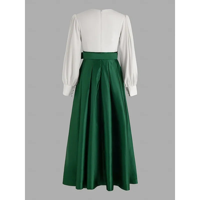 Elegant A-line V-neck Long-sleeved Two-tone White Emerald Green Maxi Evening Dress for Women Ready to Ship