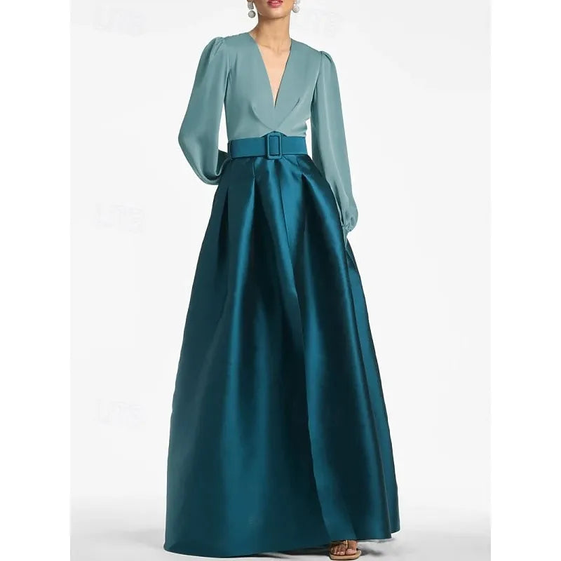 Elegant A-line V-neck Long-sleeved Two-tone White Emerald Green Maxi Evening Dress for Women Ready to Ship
