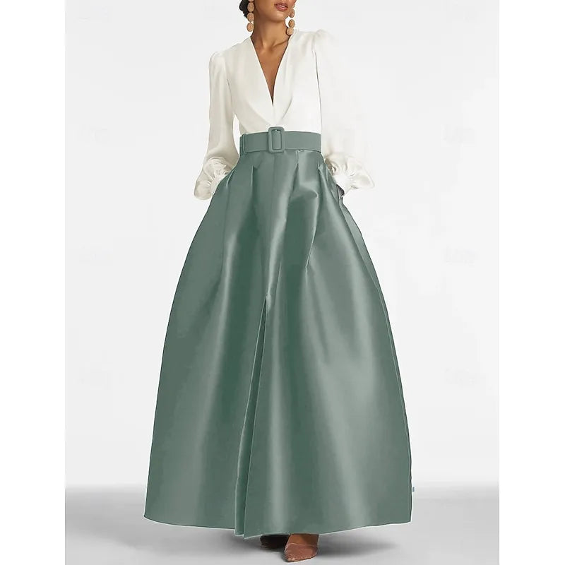 Elegant A-line V-neck Long-sleeved Two-tone White Emerald Green Maxi Evening Dress for Women Ready to Ship