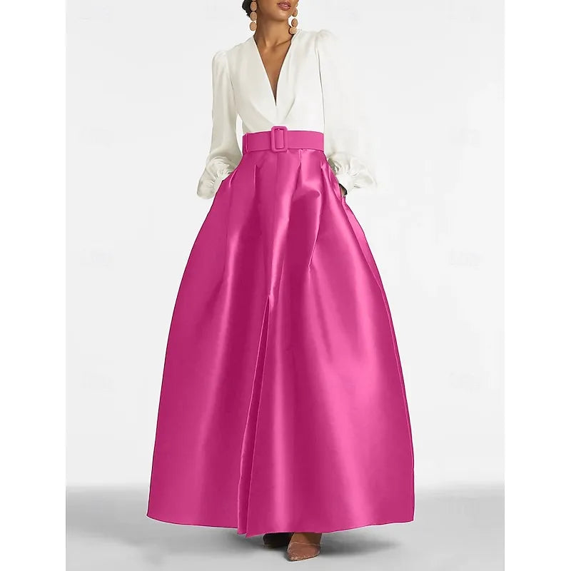 Elegant A-line V-neck Long-sleeved Two-tone White Emerald Green Maxi Evening Dress for Women Ready to Ship