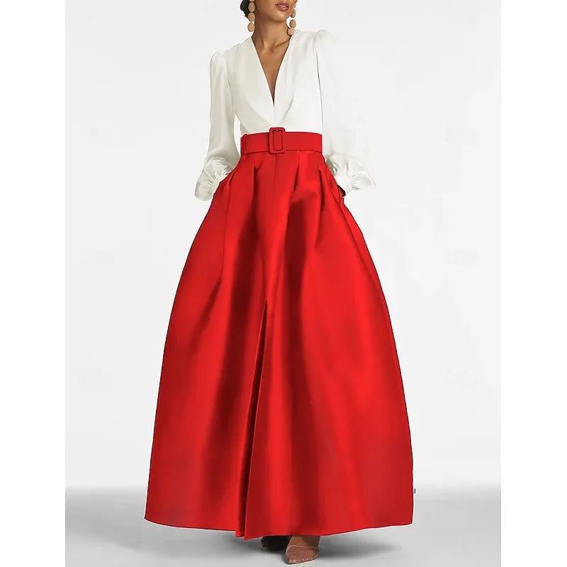 Elegant A-line V-neck Long-sleeved Two-tone White Emerald Green Maxi Evening Dress for Women Ready to Ship